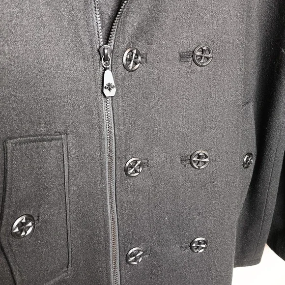 Affliction Coat Mens 2X Black Premium Skull Double Breasted Wool Grunge Goth